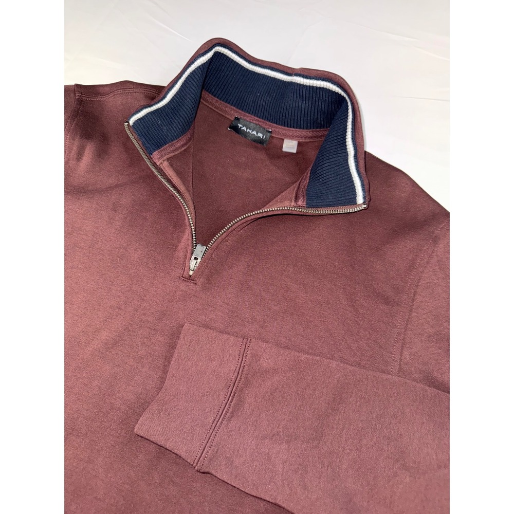 Tahari‎ Mens Quarter Zip Pullover Burgundy Cotton Blend Mock Neck Sweater Large